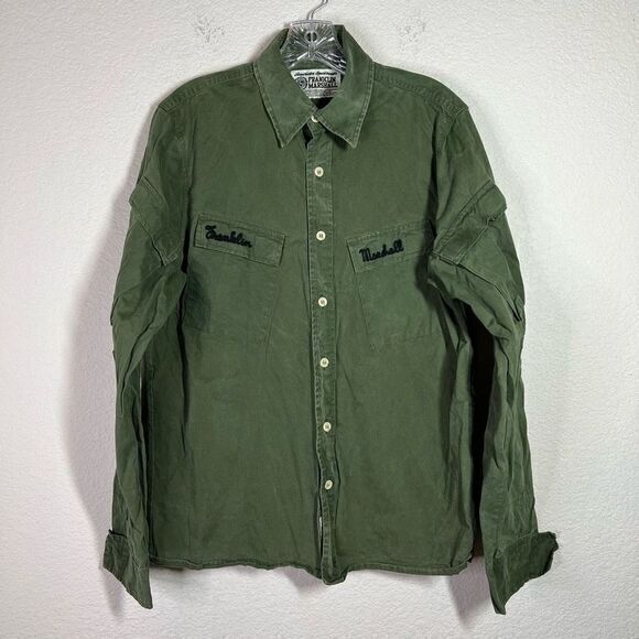 Franklin Marshall Mens Army Green Long Sleeve Shirt Button Down Multiple Pockets - Picture 1 of 7